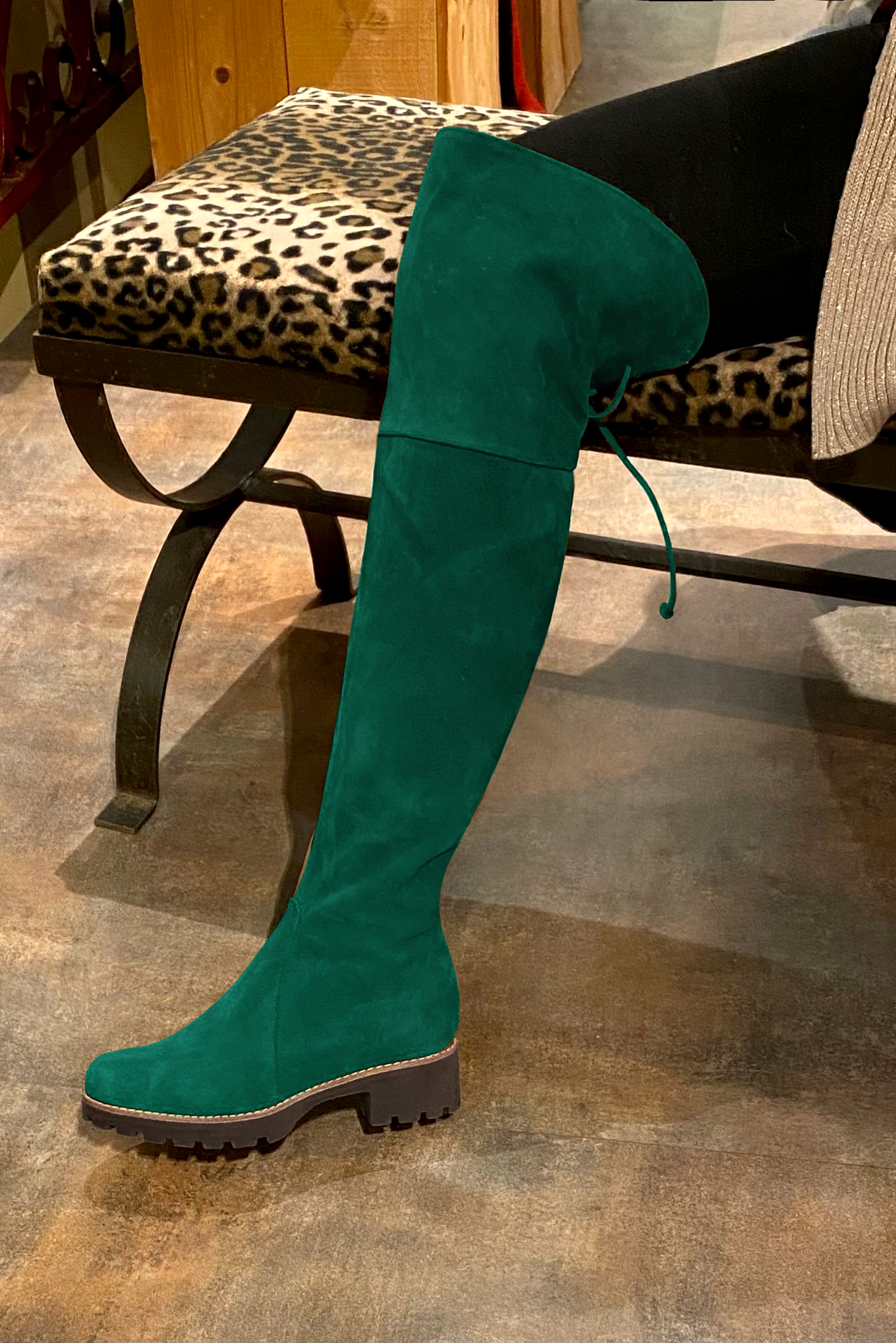 Emerald green women's leather thigh-high boots. Round toe. Low rubber soles. Made to measure. Worn view - Florence KOOIJMAN